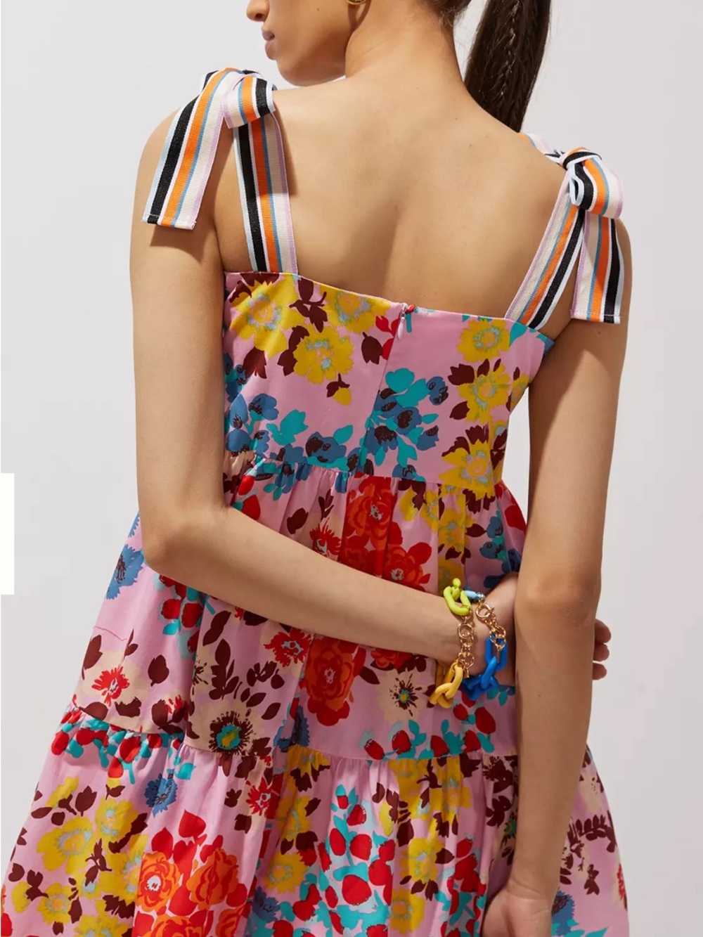 Peter Som for Anthropologie Size M Flouncy Floral Mini Dress Pink Shoulder Tie - Picture 2 of 13